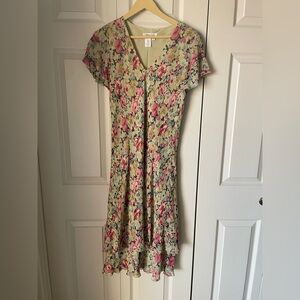 Coldwater Creek | 100% silk midi dress. Floral. Ruffle hem.  Romantic. Size 10